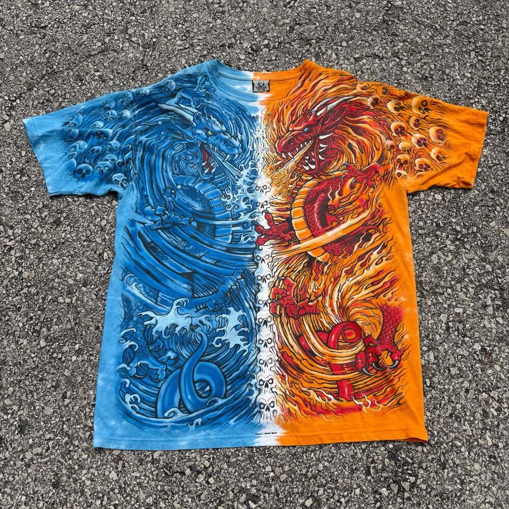 Vintage 2002 Liquid Blue Fire and Water Double Dragon All-Over Print T-Shirt
